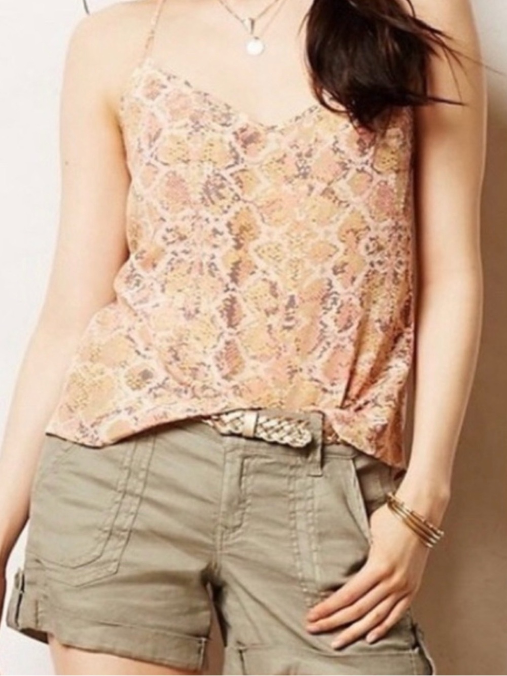 Anthropologie E by Eloise Peach Snake-Print Spaghetti Strap Silk Cami